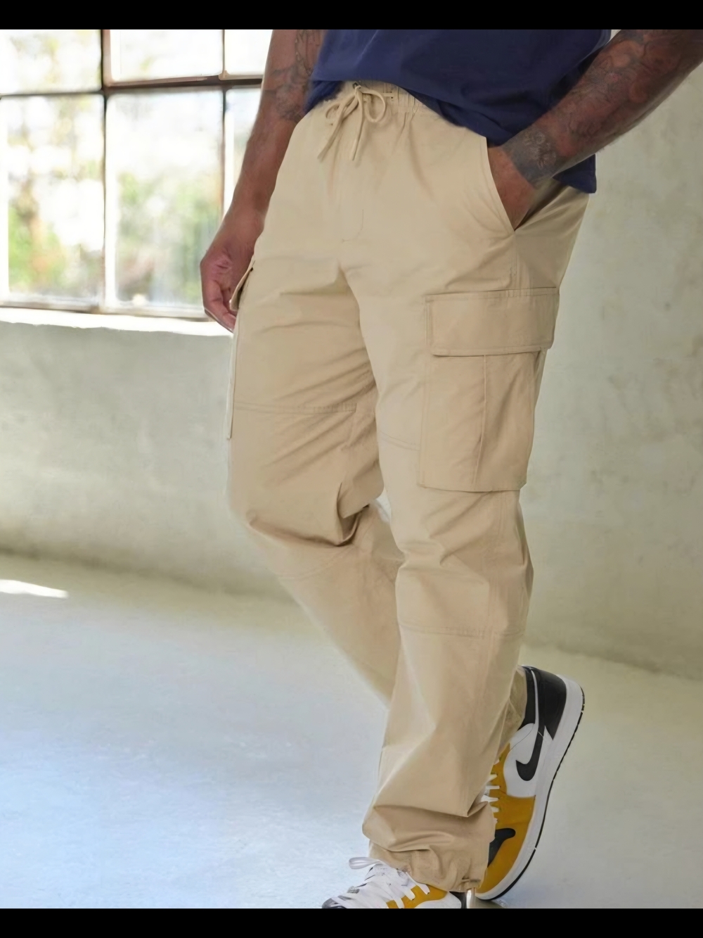 Men's Tan Cargo Pants with Drawstring Waist